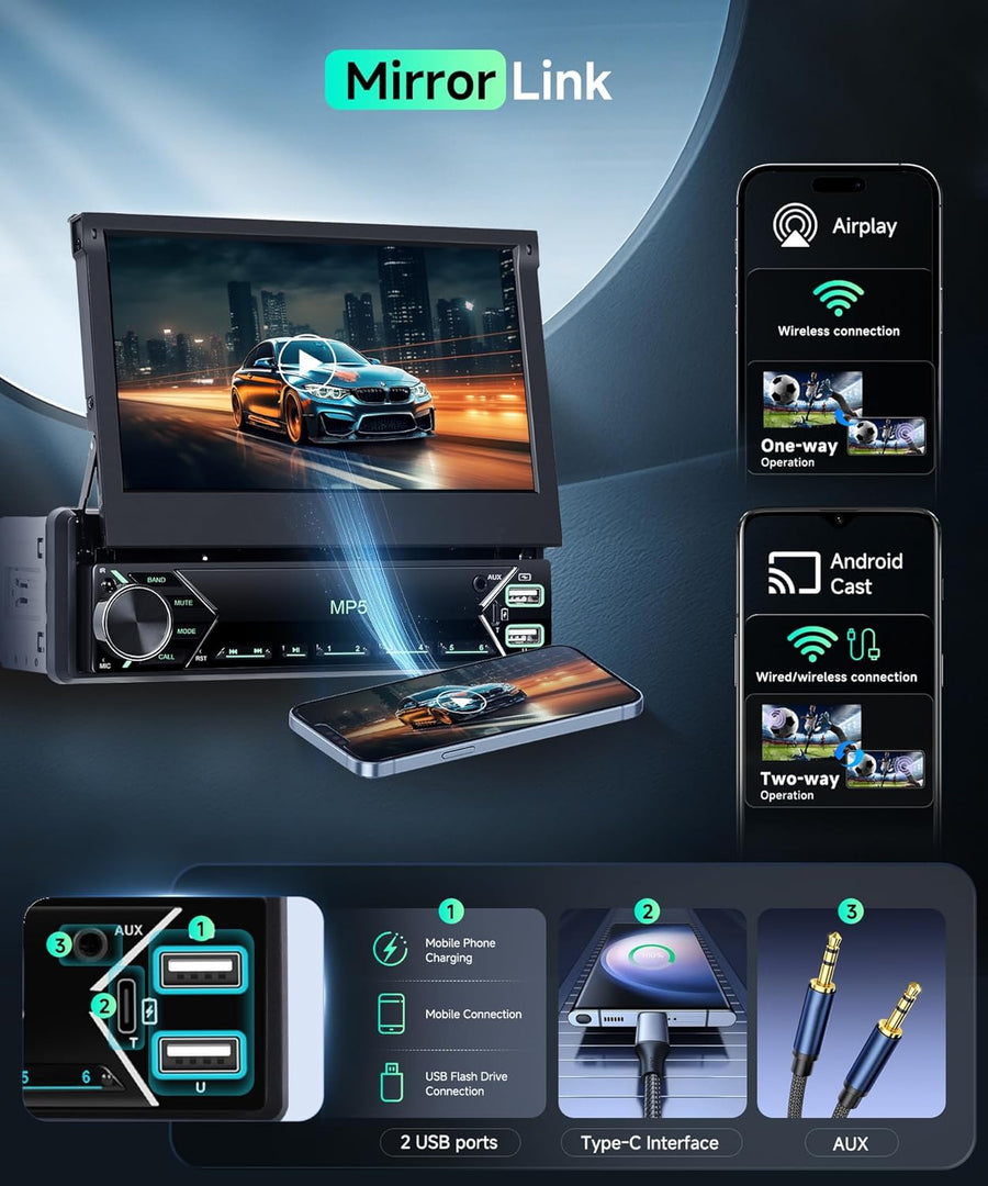 Autoradio Carplay Android Auto sans Fil avec écran rétractable électriquement de 7 Pouces,Radio FM 1 DIN avec Bluetooth, Mirror Link,2 USB/Type-C/SD avec caméra de recul/Commande au Volant