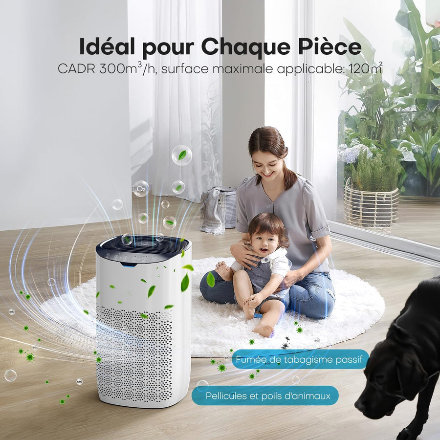 Purificateur d'air, CADR 300 m³/h, Pour des pièces de 80-120㎡, Application Contrôle, Commande Vocale, Indicateur de Qualité de l'Air et Auto Mode, Protège Contre le Pollen, la Poussière