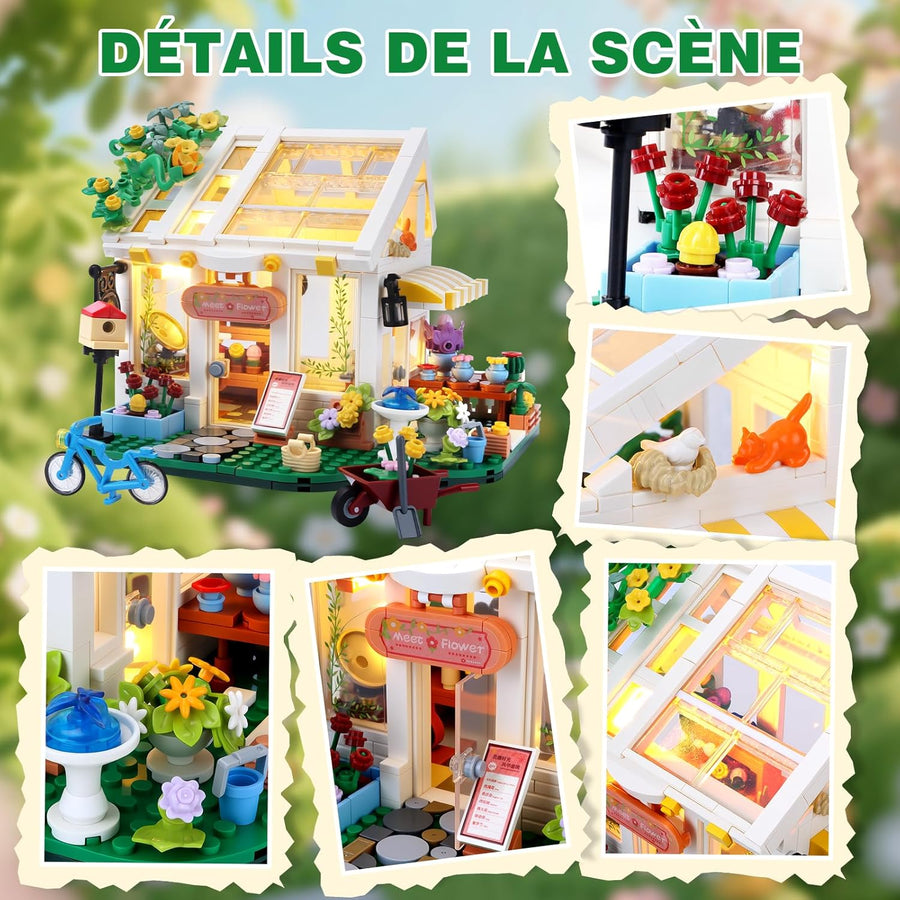 Jeux Ensemble Construction Maison Fleurs avec lumière LED, 776 Pièces Jouet Construction Maison avec Fleurs Plantes Chat, Jouets de Construction