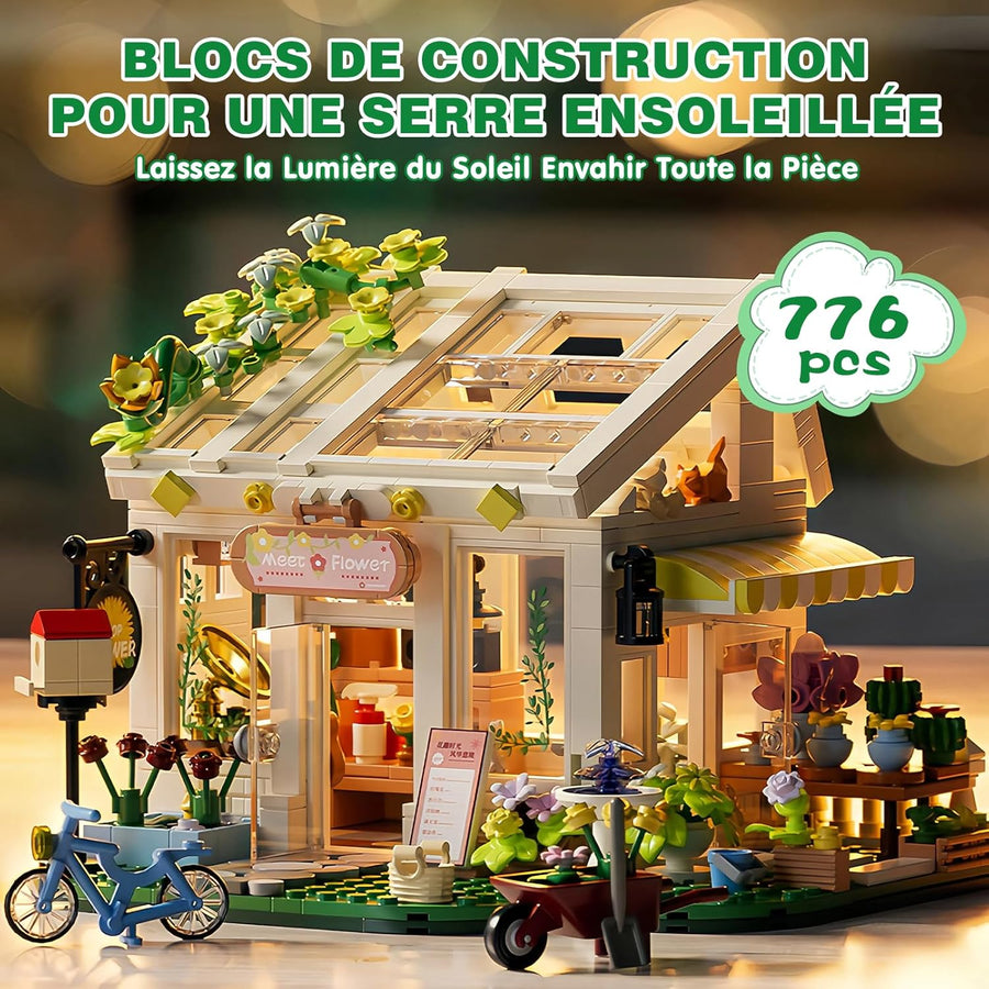 Jeux Ensemble Construction Maison Fleurs avec lumière LED, 776 Pièces Jouet Construction Maison avec Fleurs Plantes Chat, Jouets de Construction