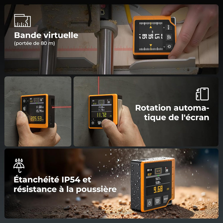 Télémètre Laser 3-en-1 80m, Mètre Ruban Laser Numérique avec Écran LCD Rétroéclairé | Batterie 1000mAh, Inclinomètre, USB Type-C, Mesure Multi-Mode & Unité