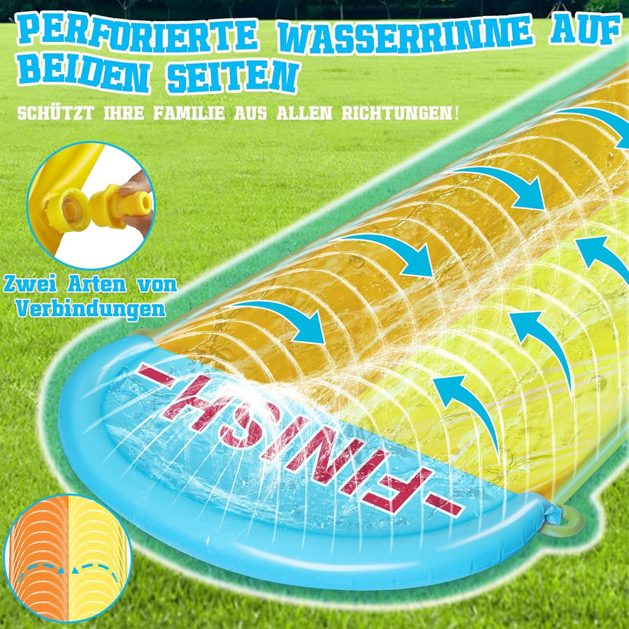 Toboggan 1.55m x 9.5m pour Pelouse Double Toboggan à Eau avec 2 Planches Gonflables Jeux d'eau en Extérieur