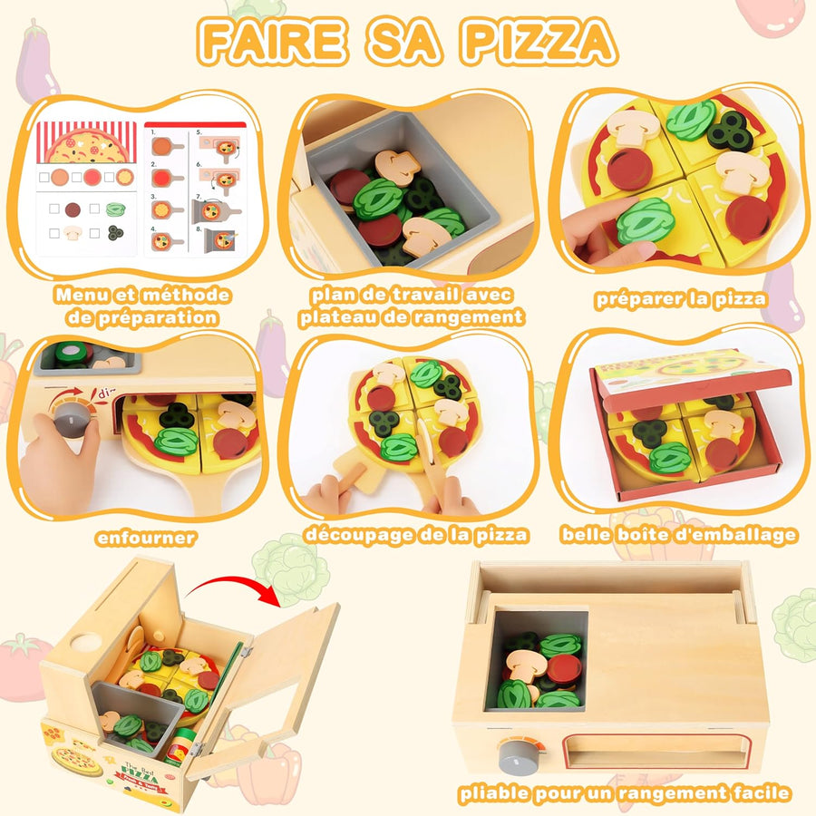 Jouet Dinette Pizza Bois, Aliments Dinette en Bois, Accessoires Cuisine Enfants avec Four de Cuisson et Tabliers, Jouet Éducatif Montessori