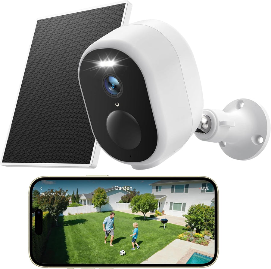 Caméra de sécurité solaire sans fil 2K, système de caméra de vidéosurveillance à batterie rechargeable, caméra de sécurité extérieure WiFi, vision nocturne en couleur, détection de mouvement PIR