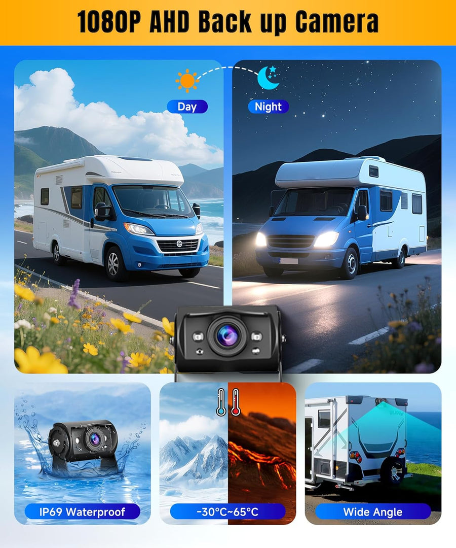 Caméra de recul 1080P avec écran IPS 7 Pouces,kit d'aide au stationnement,1024 x 600,IP69 AHD Vision Nocturne pour SUV, camionnette, Camping-Car, avec Pare-Soleil, câble de 15 m, 12-24 V