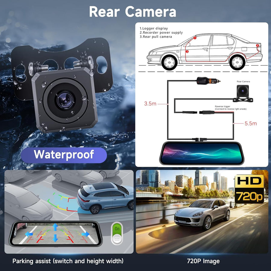 Dashcam Rétroviseur 9.66" 1080P avec 150° Grand Angle, G-Capteur, Enregistrement Boucle, Vision Nocturne, Moniteur Stationnement, Arrière Étanche, avec Carte 64 Go