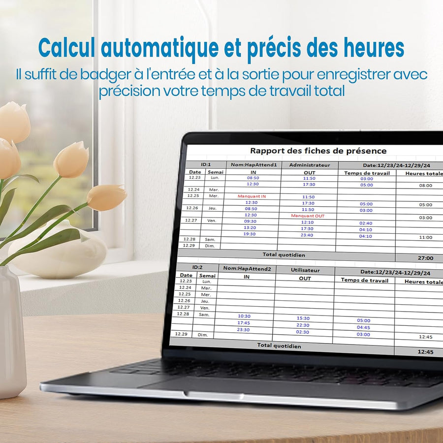 Pointeuse Horaire Personnel Francais Empreinte Digitale Badgeuse Badge Carte Employés Petites Entreprises jusquà 1000 utilisateurs sans WiFi 0 Frais Mensuels Scan