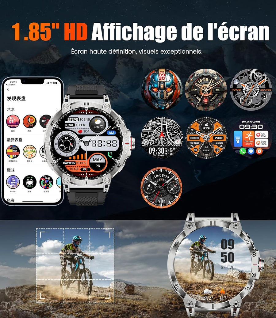LIGE Montre Connectée Homme avec LED Lampe/1,85'' HD Écran/800mAh, Smartwatch Homme avec Appel Bluetooth,IP68 Étanche 111 Modes Sportifs/Fréquence Cardiaque/SpO2/Suivi du Sommeil Android iOS