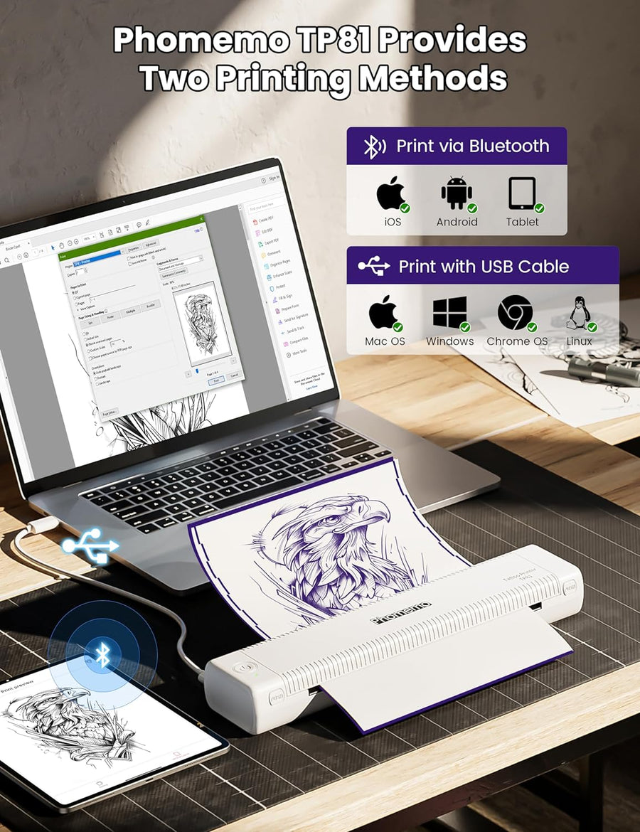 Imprimante Thermique Portable Sans Encre 300 DPI Bluetooth Sans Fil Thermocopieur Tatouage Compatible Android et iOS BLANC