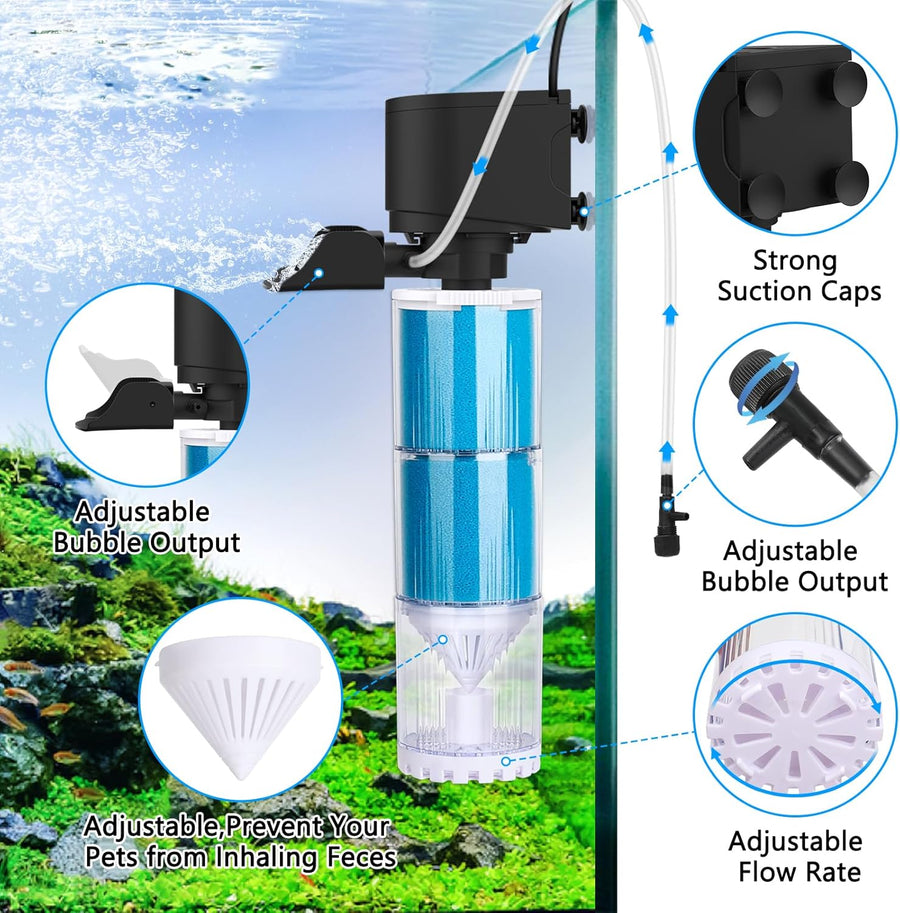 Filtre Aquarium, 570 L/H Débit Réglable Pompe et Filtre pour Aquarium, 4 en 1 Filtre éponge de 10 W avec Compartiment de Filtration, Facile à Nettoyer, pour Aquariums de 300 L