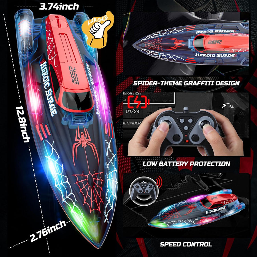 Bateau Télécommandé, RC Bateau Telecommandé Enfant 2,4 GHz avec Lumières LED, Alarme de Batterie Faible, Piscines et Lacs Jouet Aquatique d'été