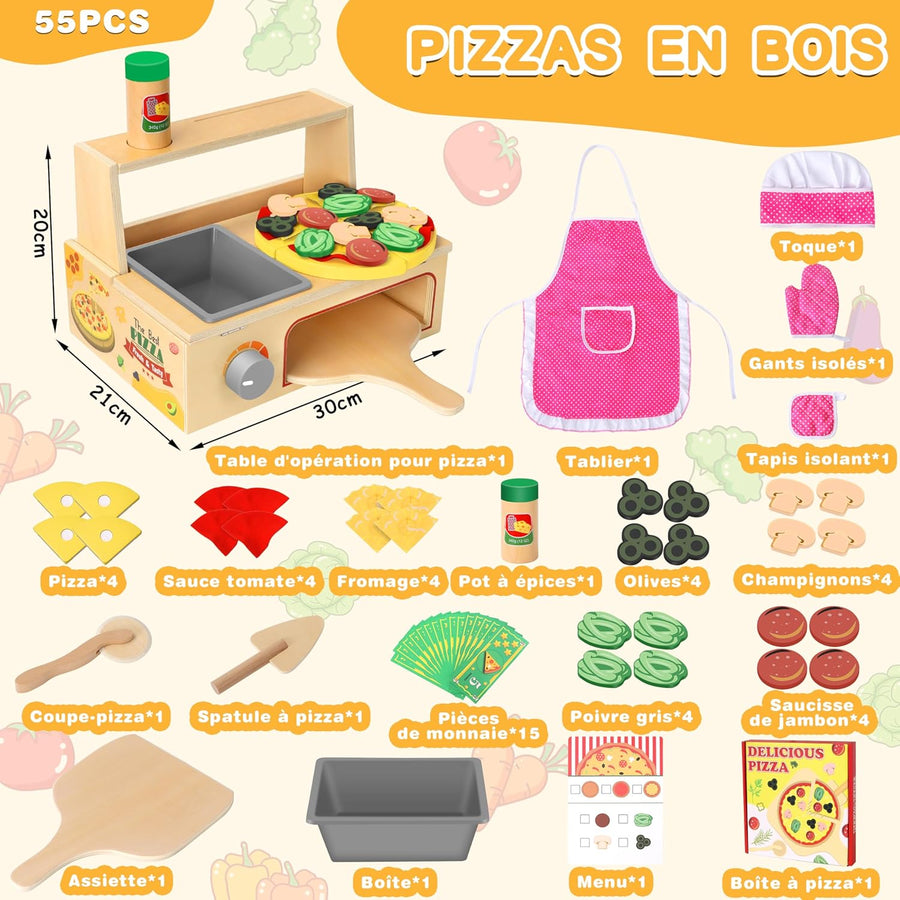 Jouet Dinette Pizza Bois, Aliments Dinette en Bois, Accessoires Cuisine Enfants avec Four de Cuisson et Tabliers, Jouet Éducatif Montessori