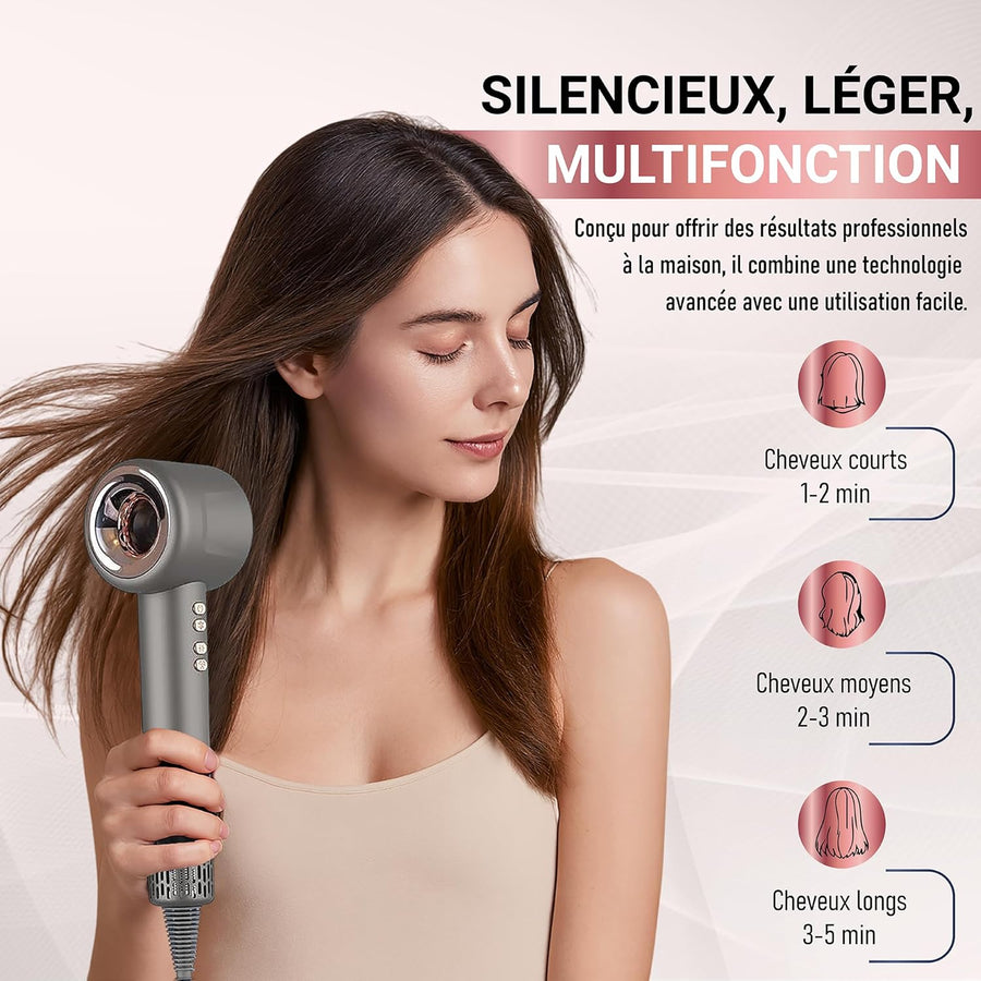 Sèche-cheveux ionique compact et puissant avec diffuseur pour boucles, air froid, brushing et coiffure professionnelle - Silencieux, léger, multifonction Accessoires inclus BLEU