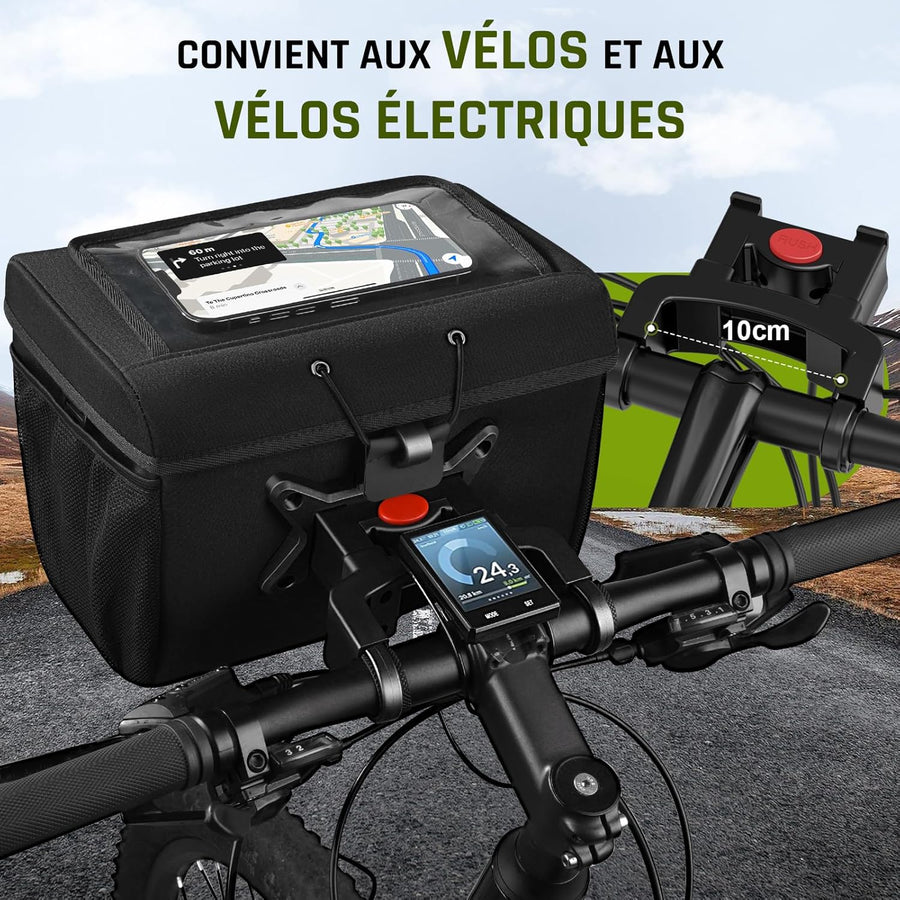 Sacoche Velo Guidon avec Adaptateur pour vélo et e-Bike, 6L Panier Velo Avant Etanche Accessoire Support Telephone trotinette Electrique Porte Scooter Pochette Sac VTT