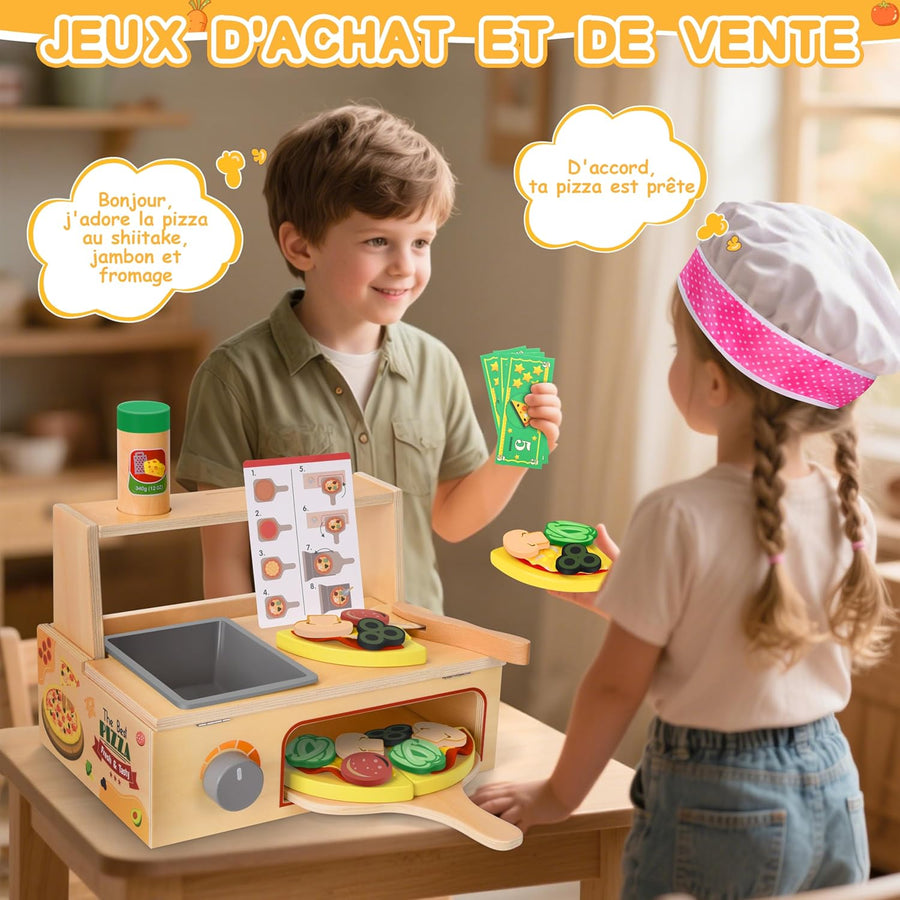 Jouet Dinette Pizza Bois, Aliments Dinette en Bois, Accessoires Cuisine Enfants avec Four de Cuisson et Tabliers, Jouet Éducatif Montessori