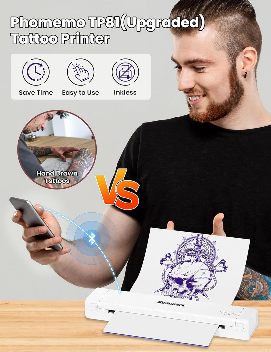 Imprimante Thermique Portable Sans Encre 300 DPI Bluetooth Sans Fil Thermocopieur Tatouage Compatible Android et iOS BLANC