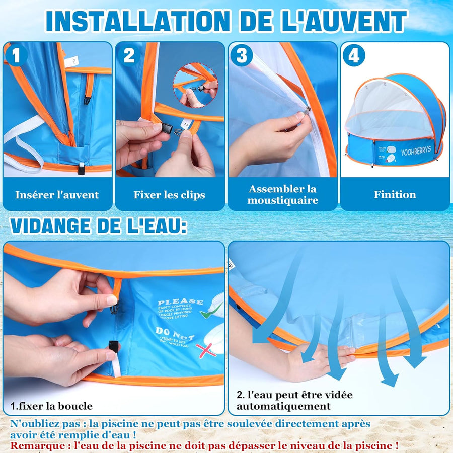 Piscine Bebe avec Pare Soleil 4 en 1, Tente Anti UV Bébé FPS 50+, Tente de Plage Bebe avec Moustiquaire, Pop-Up Piscine de Plage, Petite Piscine Bebe pour Pique-Nique, Jardin