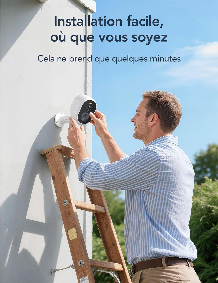 Caméra de sécurité solaire sans fil 2K, système de caméra de vidéosurveillance à batterie rechargeable, caméra de sécurité extérieure WiFi, vision nocturne en couleur, détection de mouvement PIR