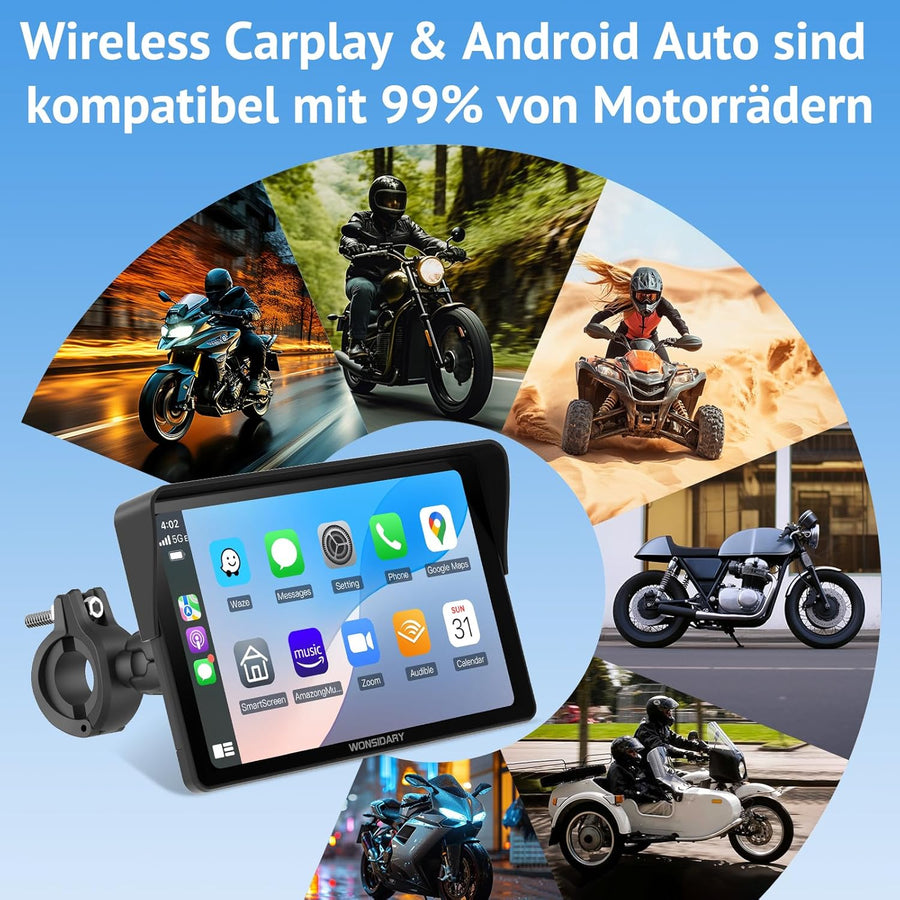 Écran Carplay Moto 7 Pouces,Carplay sans Fil & Android Auto pour Moto,Navigation GPS Moto Étanche IP67 Écran Tactile Étanche,Audio BT, EQ Assistant Vocaux