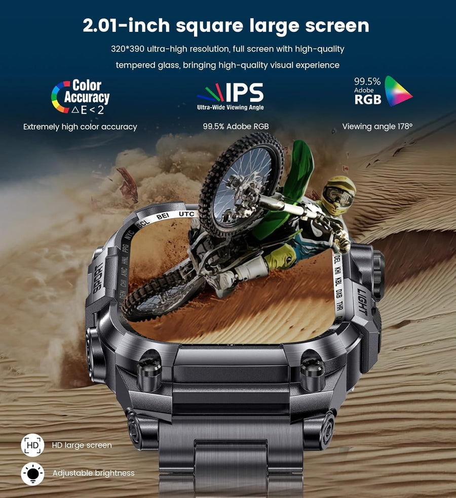 Montre Connectée Homme 2.01'' HD Smartwatch Militaire avec Appels Bluetooth Torche LED 650mAh 150+ Mode Sportifs Surveiller Cardio Podometre Sommeil, Fitness Tracker pour iOS Android