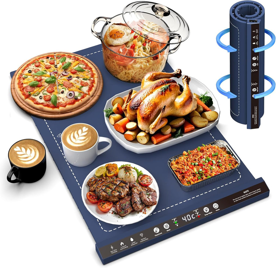 Tapis Chauffant Alimentaire 57x39 cm – Plateau Chauffant en Silicone avec 8 Niveaux de Température, Minuterie, Pliable pour Buffet, Fête, Pique-nique, Camping