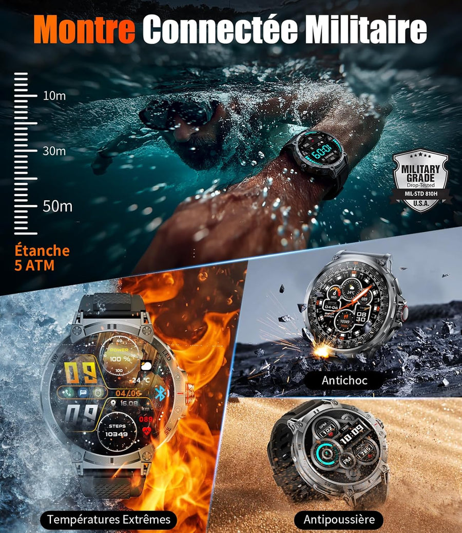 LIGE Montre Connectée Homme avec LED Lampe/1,85'' HD Écran/800mAh, Smartwatch Homme avec Appel Bluetooth,IP68 Étanche 111 Modes Sportifs/Fréquence Cardiaque/SpO2/Suivi du Sommeil Android iOS