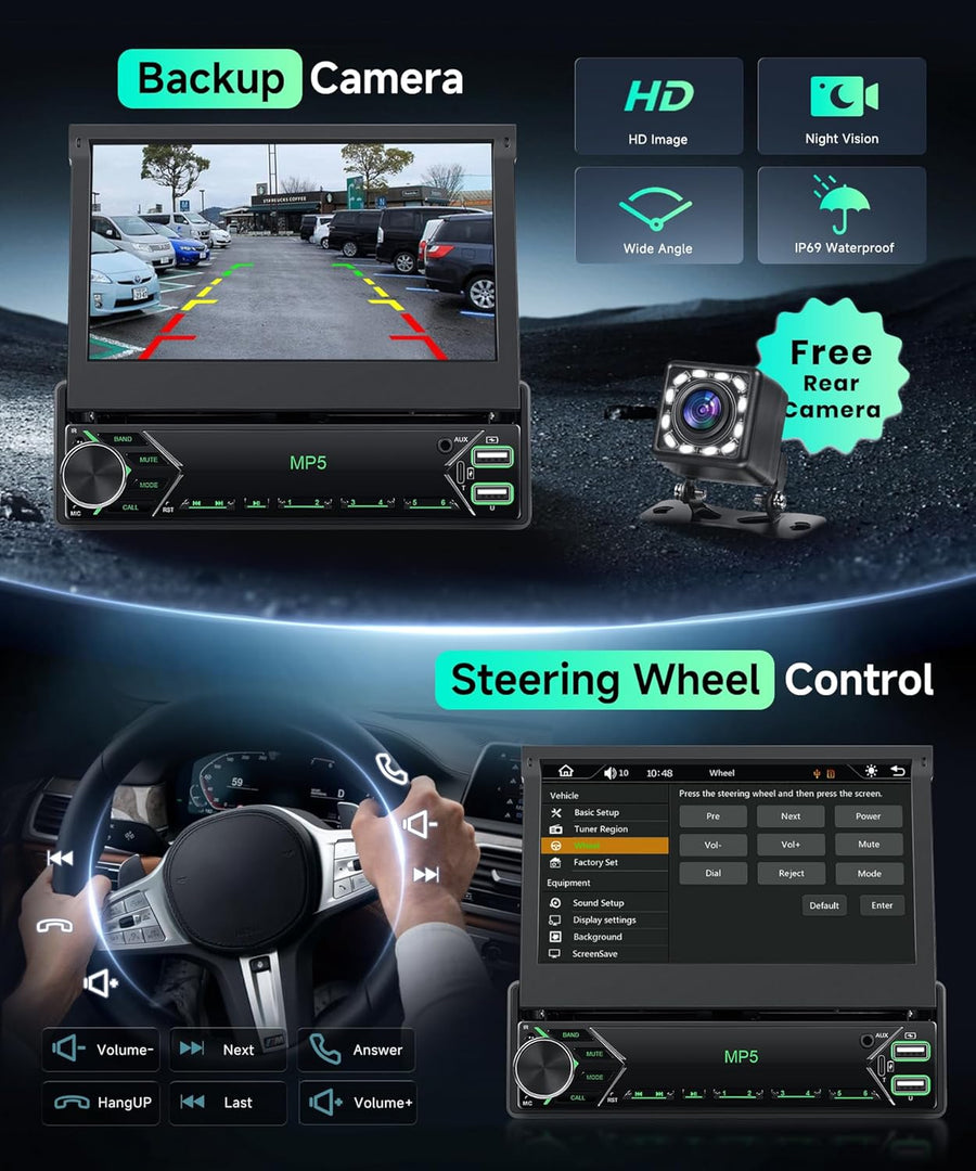 Autoradio Carplay Android Auto sans Fil avec écran rétractable électriquement de 7 Pouces,Radio FM 1 DIN avec Bluetooth, Mirror Link,2 USB/Type-C/SD avec caméra de recul/Commande au Volant