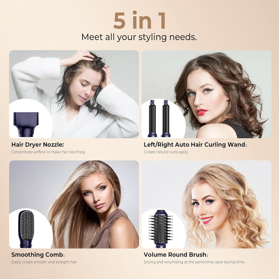 Air Brush Styler 5en1 Brosse Soufflante Chauffante Brushing Sèche-Cheveux Ionique Boucleur a Cheveux à Air Brosse à Lissante Embout de Sèche-cheveux Ensemble de Coiffure VIOLET