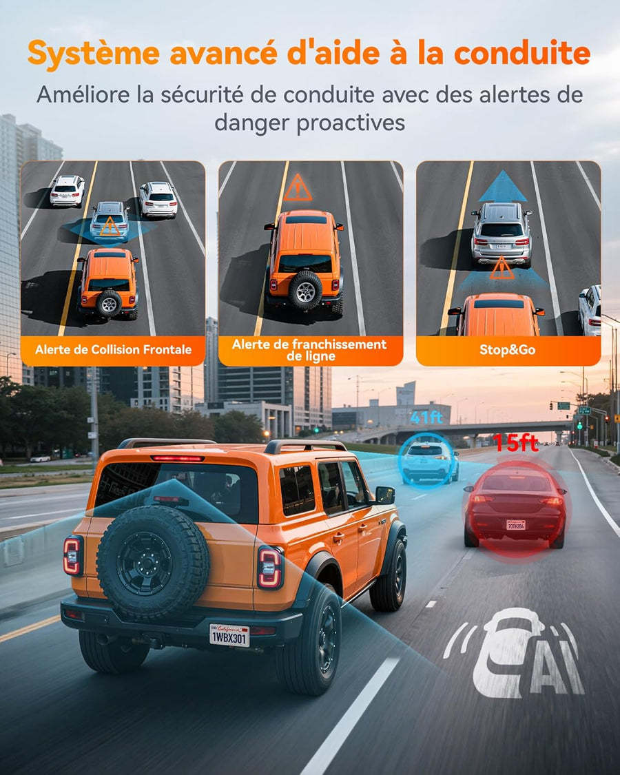Dashcam Caméra embarquée 2,5 K 60 FPS 2,5 K + 1080P double caméra embarquée pour voiture avant arrière 5,8 GHz intégrée WiFi & GPS Carte 64 Go Écran tactile Capteur G Enregistrement