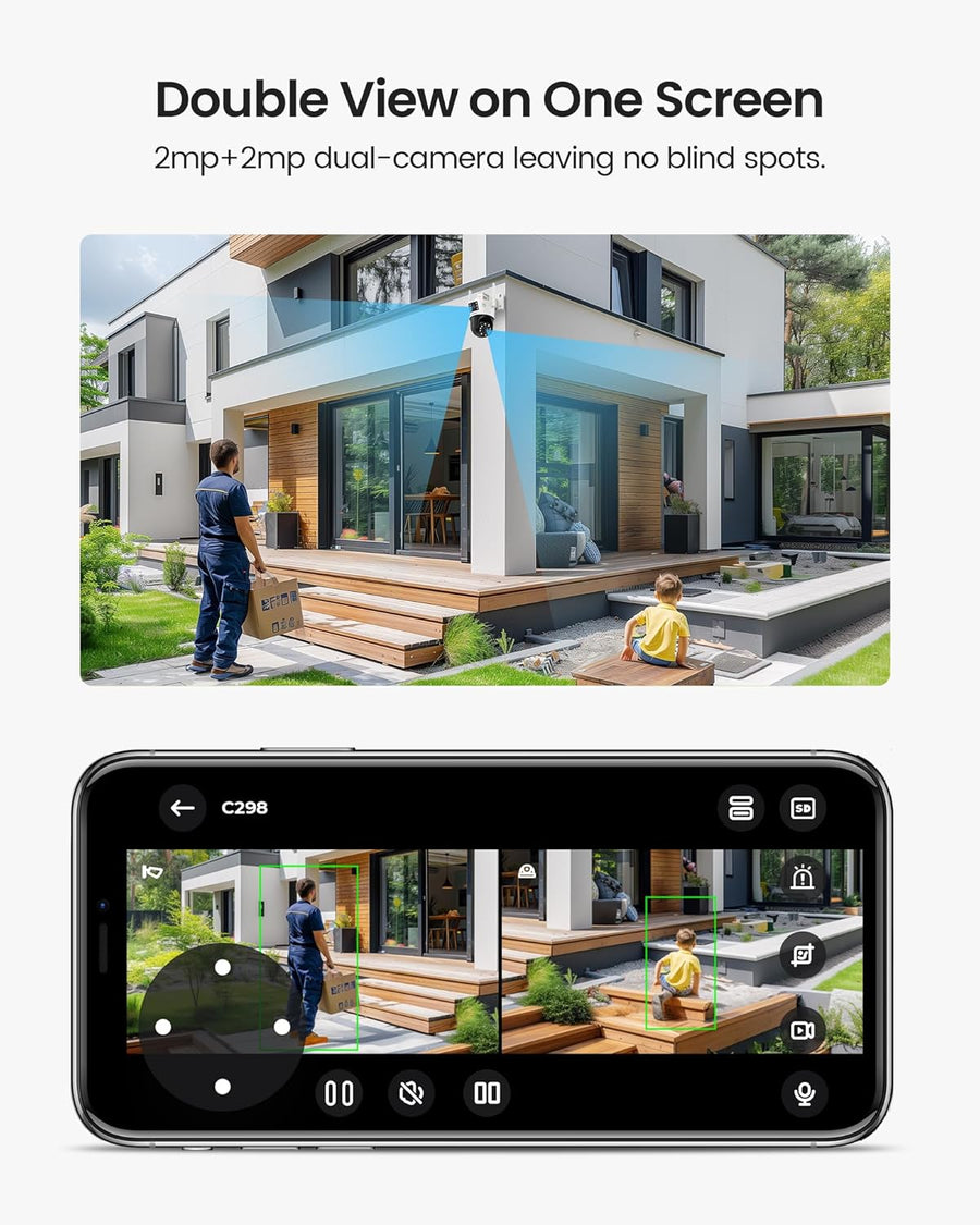 Caméra Surveillance WiFi avec Double Objectif 2MP+2MP, Caméra Motorisée Extérieure, 360° Vue Détection Humaine/Véhicule, Audio Bidirectionnel, Sirène Alarme, Vision Nocturne en Couleur