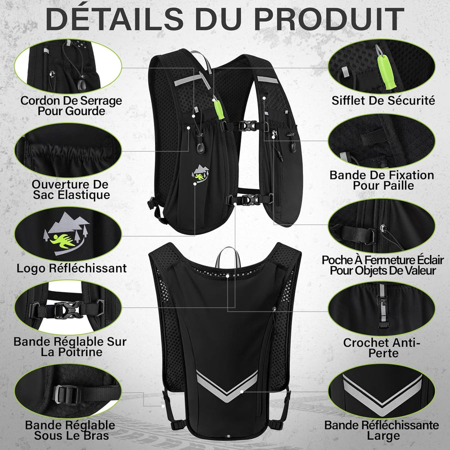 Sac Hydratation Running, Gilet Hydratation Running Femme Homme, Gilet Trail Sac à Dos Léger et Respirant Taille Réglable