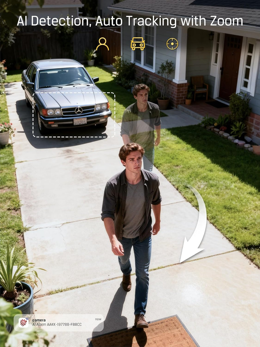 Caméra de Surveillance 4MP Double Objectif, Zoom Hybride 10×, Détection IA Personnes/Véhicules, Vision Nocturne Couleur & Infrarouge 30m, WiFi Double Bande, Étanche IP66, Accès à Distance