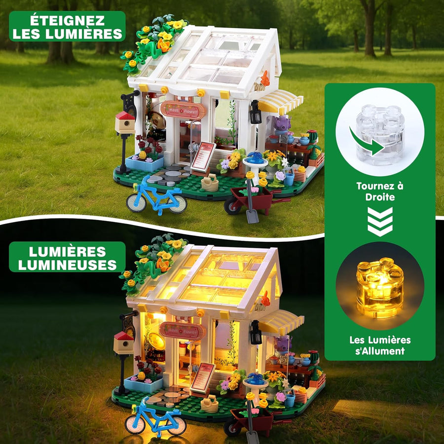 Jeux Ensemble Construction Maison Fleurs avec lumière LED, 776 Pièces Jouet Construction Maison avec Fleurs Plantes Chat, Jouets de Construction