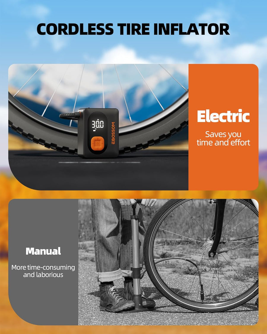 Gonfleur pneus Voiture, Compresseur à Air Portatif , Mini Compresseur Voiture Portable Electrique pompe a velo, Inflator Affichage Numérique et Lumière LED Vélos Motos Ballons Flexible de 15 cm