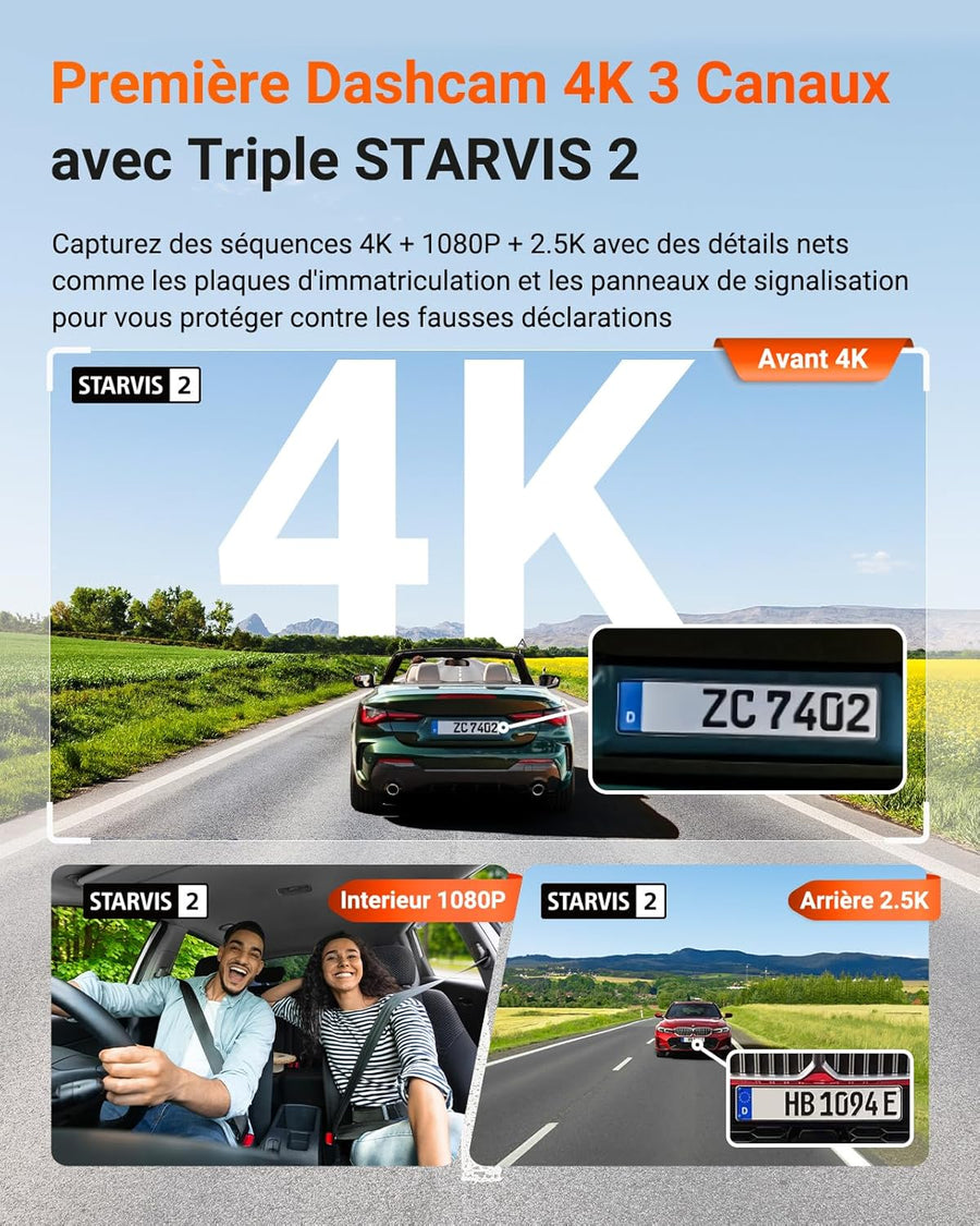 N4 Pro S 3 STARVIS 2 Dashcam Voiture 4K+ 1080P+ 1440P WiFi 5G WiFi PlatePix™ Caméra embarquée Infrarouge GPS 360°HDR Mode Parking Tampon,Commande Vocale en français, LTE Optionel, Max 1To