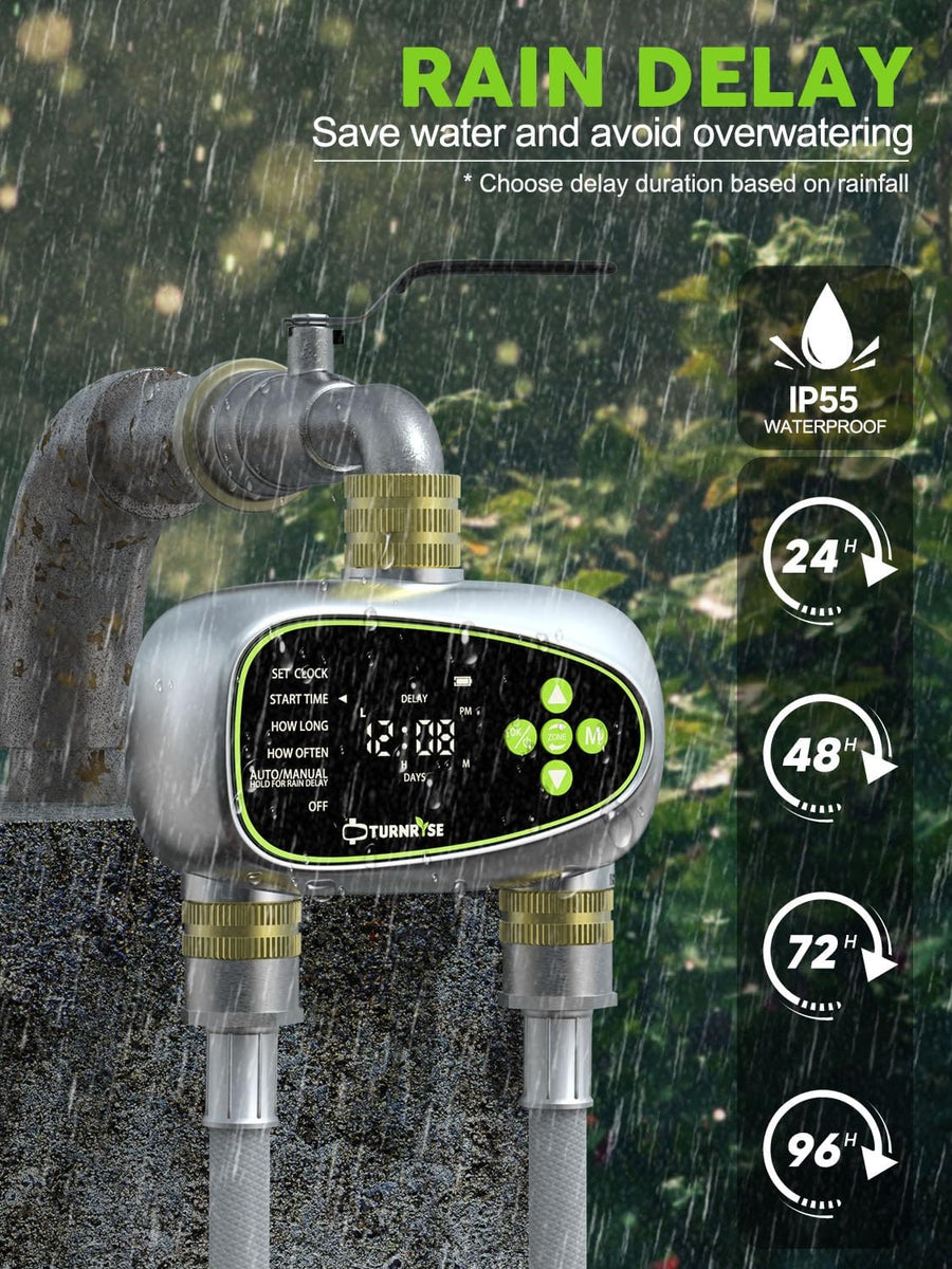 Ordinateur d'irrigation 2 Sorties avec entrée et Sortie en Laiton, Retard de Pluie, Mode d'arrosage Automatique et Manuel, Programmateur d'Arrosage Extérieur pour Jardin, pelouse, Ferme