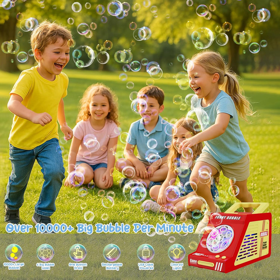 Machine à Bulles Automatique pour Enfants 10000+ Bulles avec 6 Grands Trous, Jouets à Bulles Portable avec Lumières de Couleur