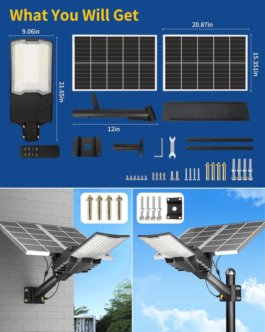 Lampadaire Solaire Exterieur, lumière solaire extérieure Crépuscule à l'Aube IP68 éclairage 6500K inondé LED étanche Projecteur Solaire Puissant pour Rue, Garage, Parking