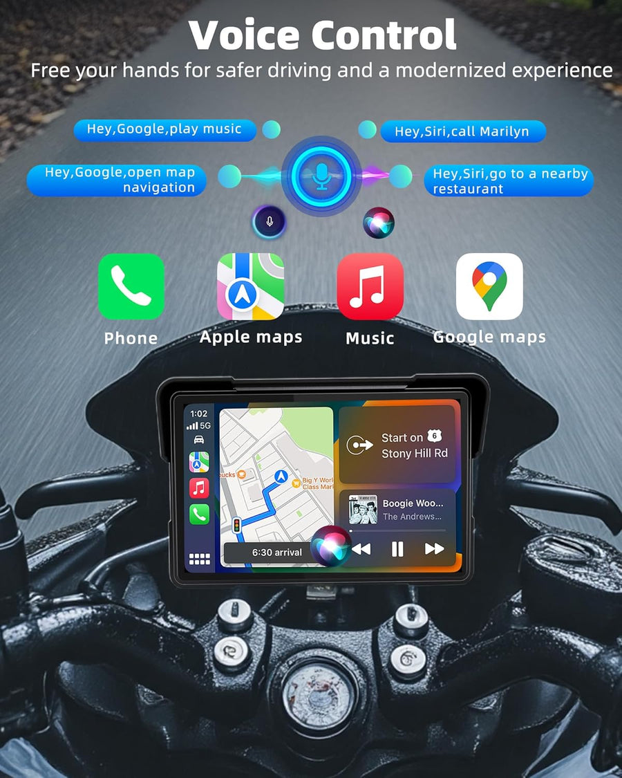 CarPlay Moto Portable 7" Android Auto Moto,GPS Moto IP67 Étanche Tactile Écran,Double Bluetooth Siri/Google/Navigation
