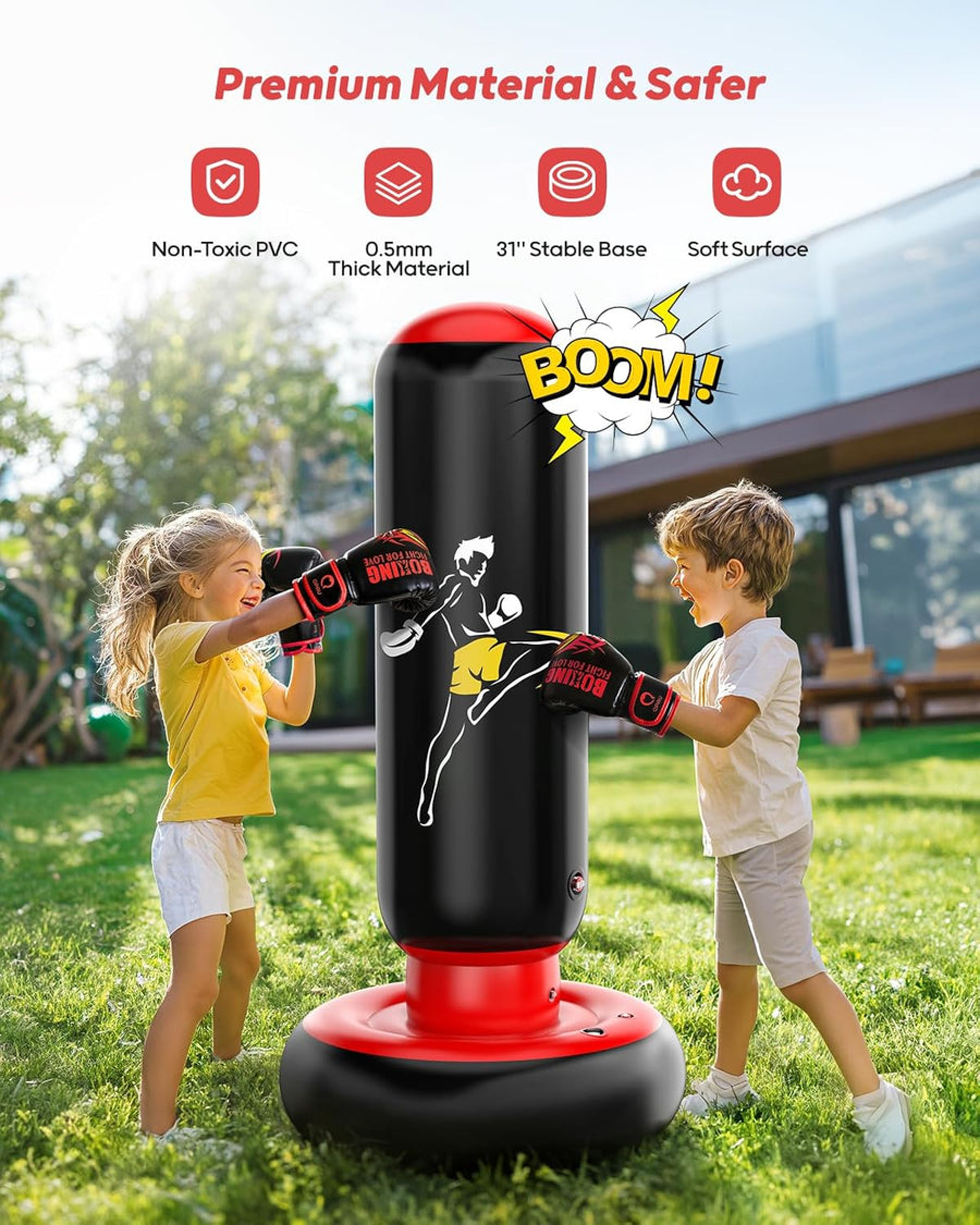 Sac De Frappe pour Enfants avec Gants De Boxe, 66 Pouces Sac De Boxe Gonflable pour Enfants, Cadeaux pour GarçOns Et Filles De 6 à 12 Ans