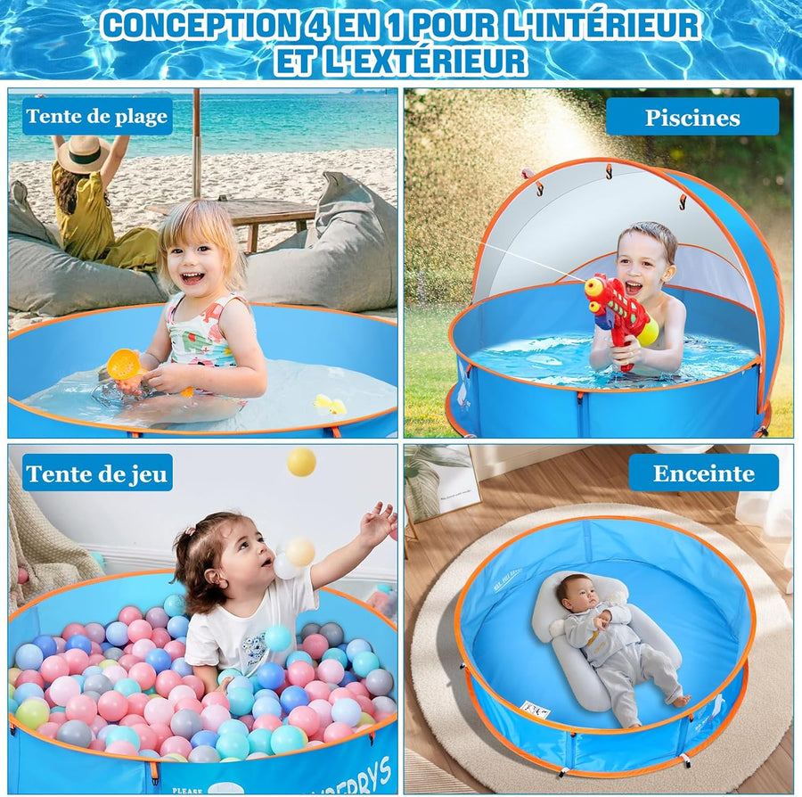 Piscine Bebe avec Pare Soleil 4 en 1, Tente Anti UV Bébé FPS 50+, Tente de Plage Bebe avec Moustiquaire, Pop-Up Piscine de Plage, Petite Piscine Bebe pour Pique-Nique, Jardin