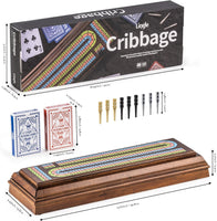 Jeu de cribbage haut de gamme en bois de 40 cm avec 9 pions métalliques, plateau à 3 pistes continues, 2 jeux de cartes et grand rangement, jeu de cribbage classique portable pour les voyages