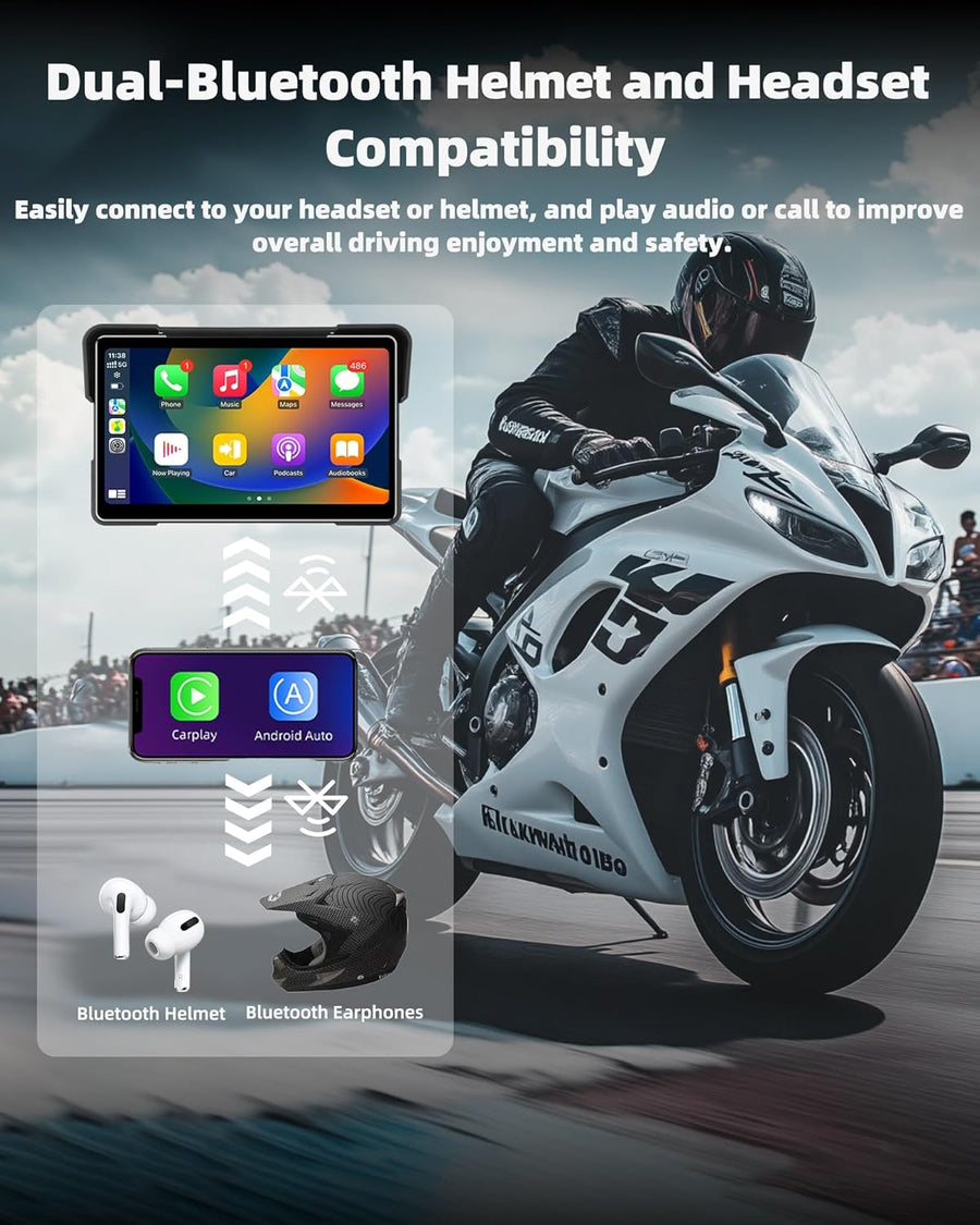 CarPlay Moto Portable 7" Android Auto Moto,GPS Moto IP67 Étanche Tactile Écran,Double Bluetooth Siri/Google/Navigation