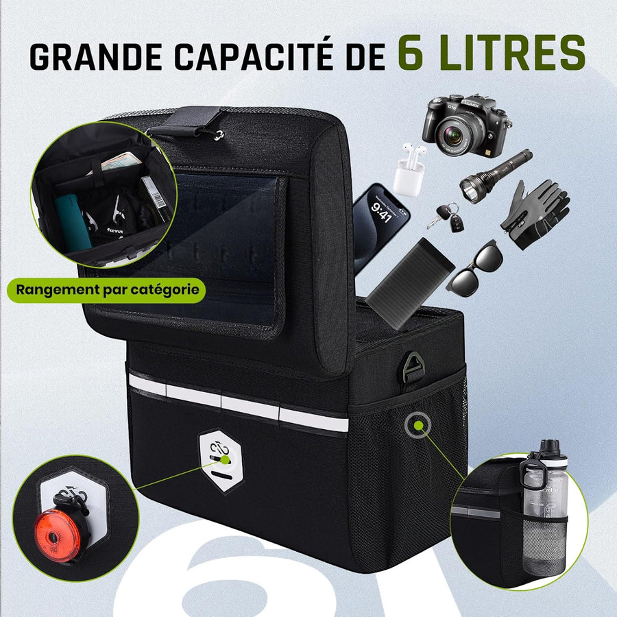 Sacoche Velo Guidon avec Adaptateur pour vélo et e-Bike, 6L Panier Velo Avant Etanche Accessoire Support Telephone trotinette Electrique Porte Scooter Pochette Sac VTT