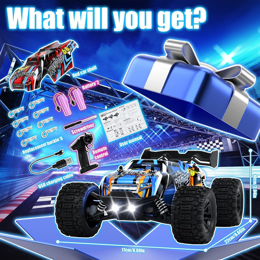 Monster Truck Voiture Télécommandée 1:20, 2,4 GHz 2WD Voiture Ttélécommandée Tout Terrain avec Éclairage de Carrosserie/Double Coque, High Speed Buggy RC Jouet