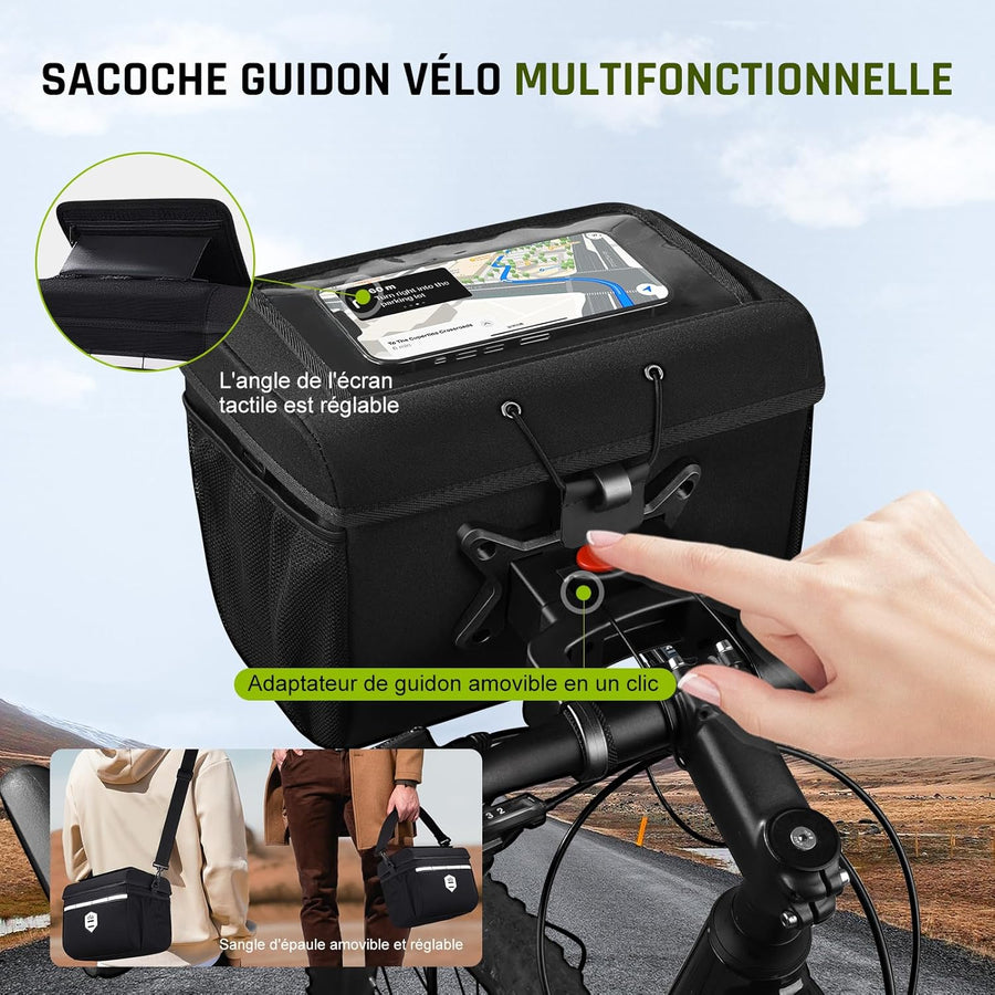 Sacoche Velo Guidon avec Adaptateur pour vélo et e-Bike, 6L Panier Velo Avant Etanche Accessoire Support Telephone trotinette Electrique Porte Scooter Pochette Sac VTT