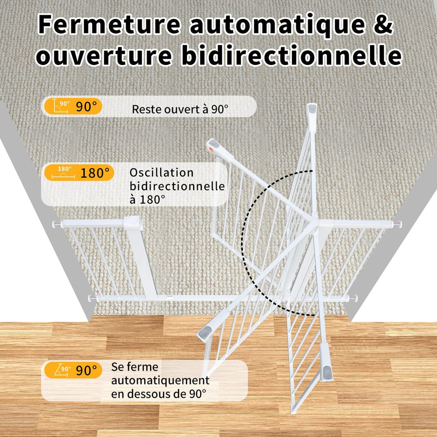 Barriere de Securite Enfant, sans perçage, Extra Haute, 92 cm de Hauteur, 75 à 124 cm de Large, avec 3 rallonges, pour Enfants, Chiens et Chats, Fermeture Automatique et arrêt à 90° BLANC
