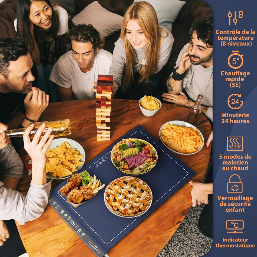 Tapis Chauffant Alimentaire 57x39 cm – Plateau Chauffant en Silicone avec 8 Niveaux de Température, Minuterie, Pliable pour Buffet, Fête, Pique-nique, Camping