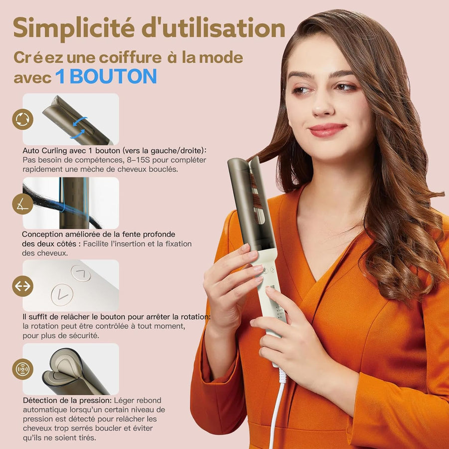 Fer à Boucler Boucleur Cheveux Automatique Ion Négatif Température Réglable 180°- 230°C BLANC