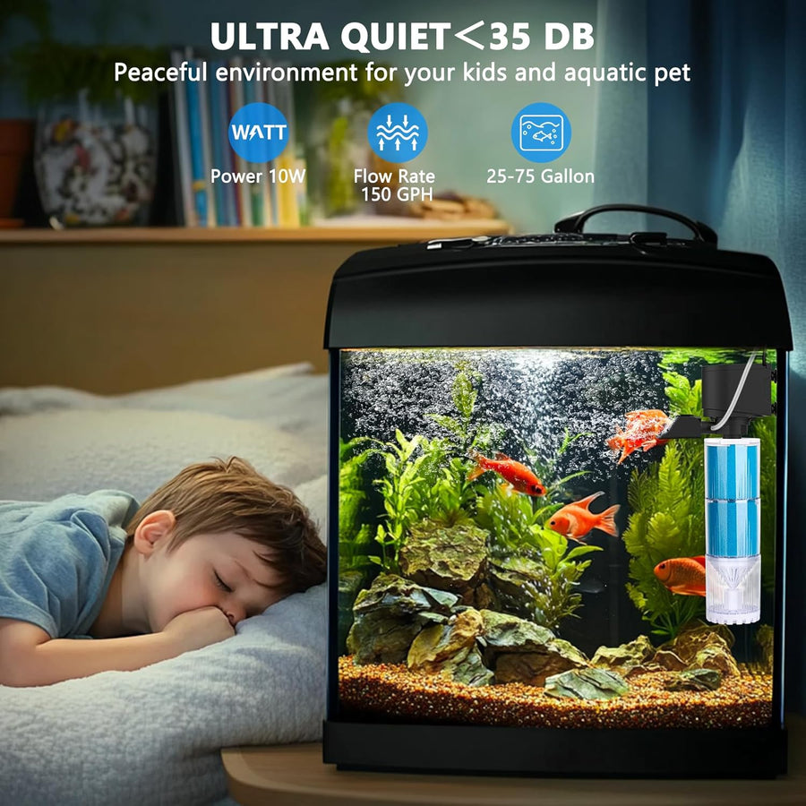 Filtre Aquarium, 570 L/H Débit Réglable Pompe et Filtre pour Aquarium, 4 en 1 Filtre éponge de 10 W avec Compartiment de Filtration, Facile à Nettoyer, pour Aquariums de 300 L